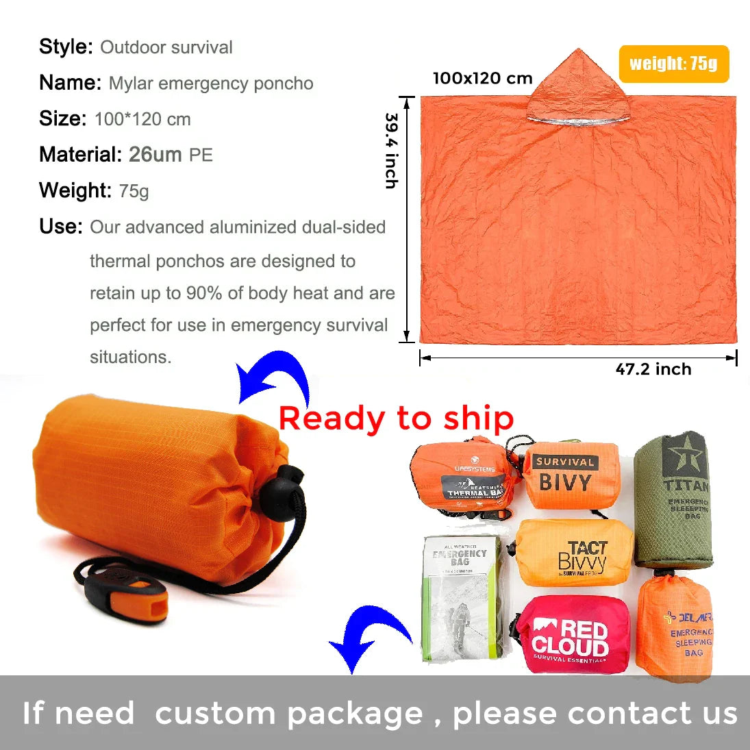 HKM-830227 Waterproof Outdoor Survival Poncho - Lightweight Multisport Rain Gear for Hiking and Emergencies