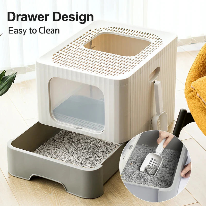 HKM-422995 Extra Large Foldable Enclosed Cat Litter Box for Cats – Convenient and Space-Saving Design