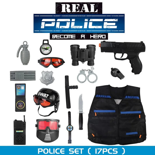 KTX-834323 17PCS Kids Pretend Play Police Set with Helmet and Uniform for Imaginative Role Play