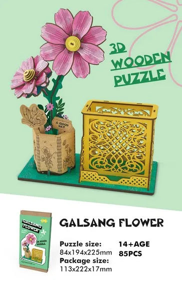 HKM-085267 3D Wooden Jigsaw Puzzle Flower Model Kit - Red Rose Educational Craft for Kids and Adults