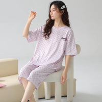 HKM-608275 Pajamas Women's Summer Cotton Short Sleeved Seven-point Pants Casual Light Purple Home Clothes Two-piece Suit