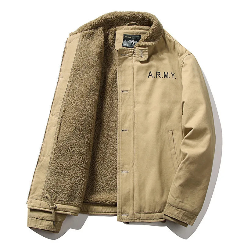 HKM-259027 Men's Winter Thickening Lamb Wool Cotton Coat With Hooded Velvet Collar Short Pilot Jacket Workwear Puffer Jacket