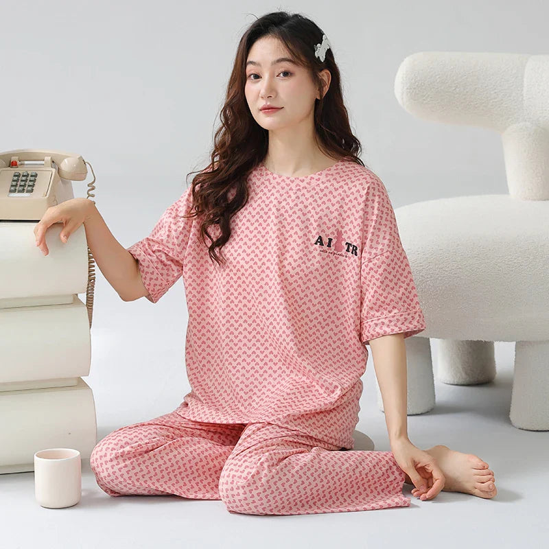 KTX-001491 Heart Shape Print Cotton Pajamas Two-piece Suit Summer Short-sleeved Long Pants Plus Size Home Service Set