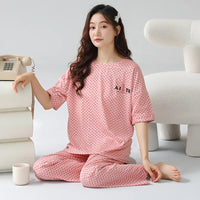 HKM-001491 Heart Shape Print Cotton Pajamas Two-piece Suit Summer Short-sleeved Long Pants Plus Size Home Service Set