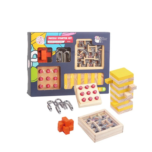 KTX-620371 5-in-1 Wooden Block Puzzle Set with Metal Ring Brain Teaser for Kids