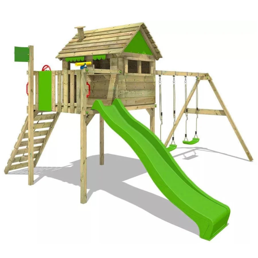 KTX-150419 Children's Wooden Playhouse with Slide and Swing for Outdoor Garden Fun