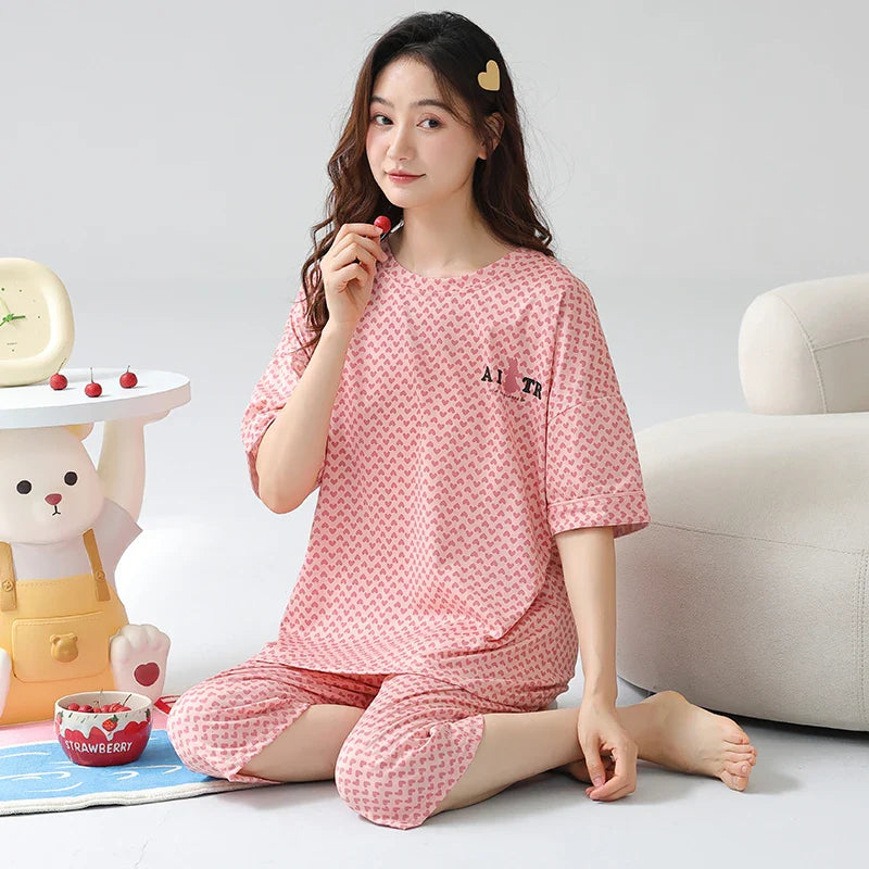 KTX-673811 New Arrival 2 Sets Short Sleeve Seven-point Pants Thin Sweetness Cute Sleepwear Women's Cotton Pajamas