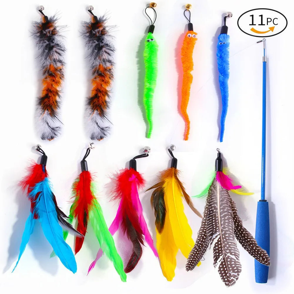 HKM-112275 Eco-Friendly Plush Cat Toy Set with Retractable Rod and Feather Replacement Head for Interactive Play