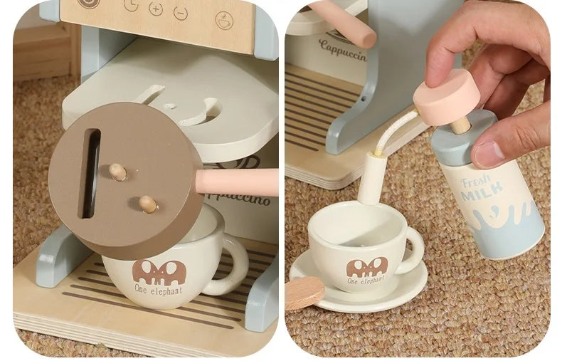KTX-964179 Blue Wooden Coffee Maker Toy Set for Kids - Mini Educational DIY Kitchen Play for Boys and Girls