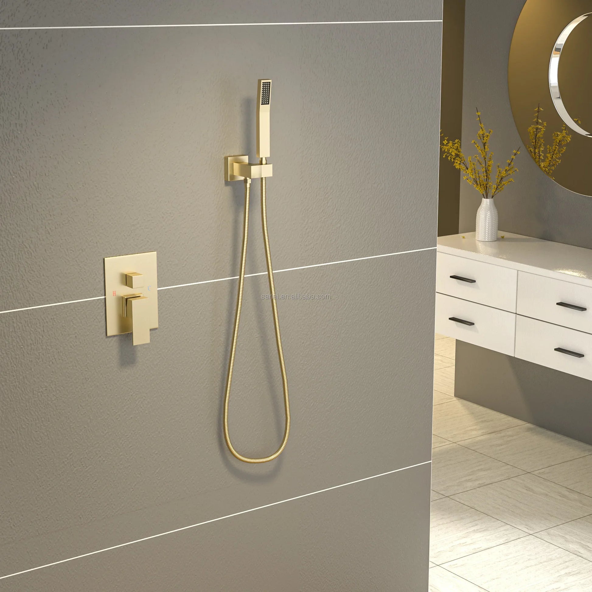 KTX-769299 Contemporary Thermostatic Rain Shower Head and Handheld Faucet Set in Polished Brass Chrome Finish