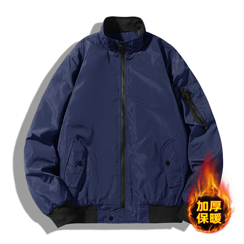 HKM-177683 Men's Casual Winter Cotton Jacket With Thick Velvet Stand-Up Collar Zipper Closure Warm Autumn Coat-Canvas Fabric