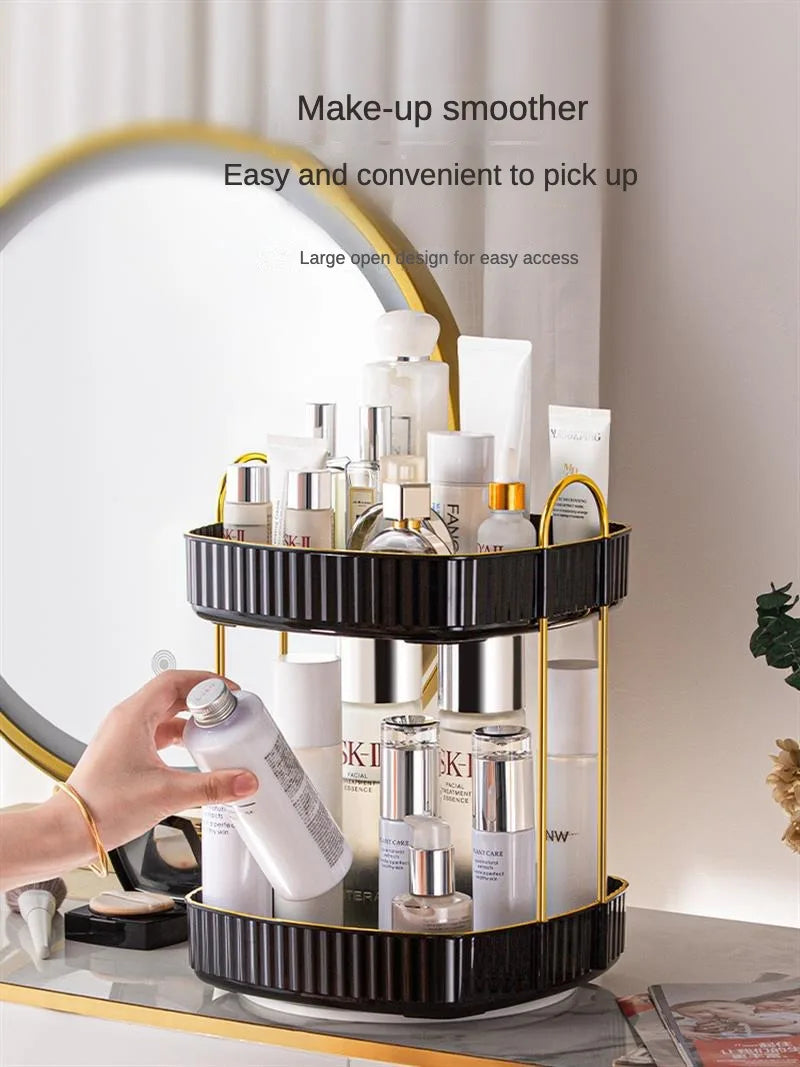 KTX-991635 Two-Layer Rotating Home Storage Organizer Rack in Cream White and Elegant Black