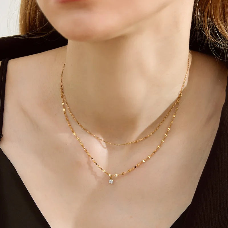 HKM-821843 2024 Hot Sale Wholesale Stainless Steel Chain Lip Chain With CZ Zircon Diamond Dangling O Ring Linked Chain Necklace Women Hot