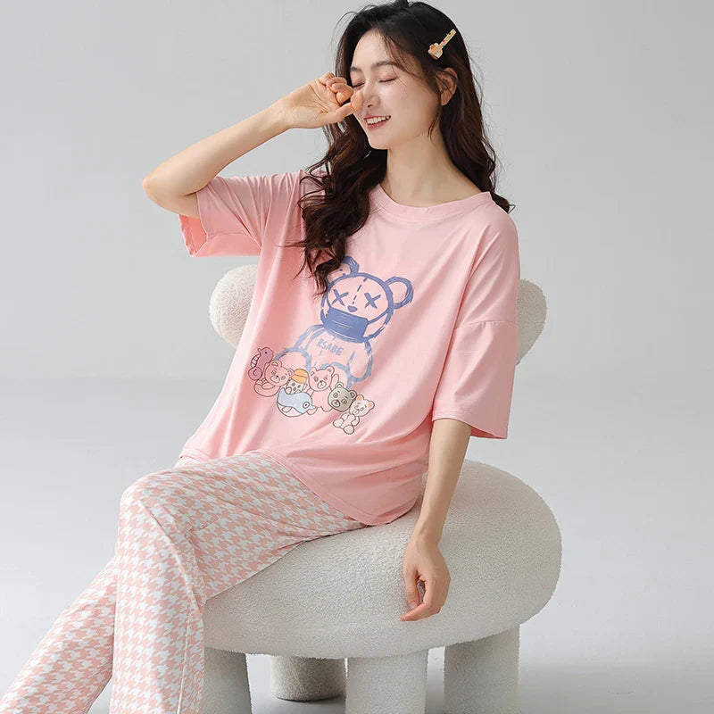 HKM-804883 2024 New Design Women'S Pajamas Are Comfortable and Two Sets of Pajamas Ladies Sweet Cute Cartoon Home Wear