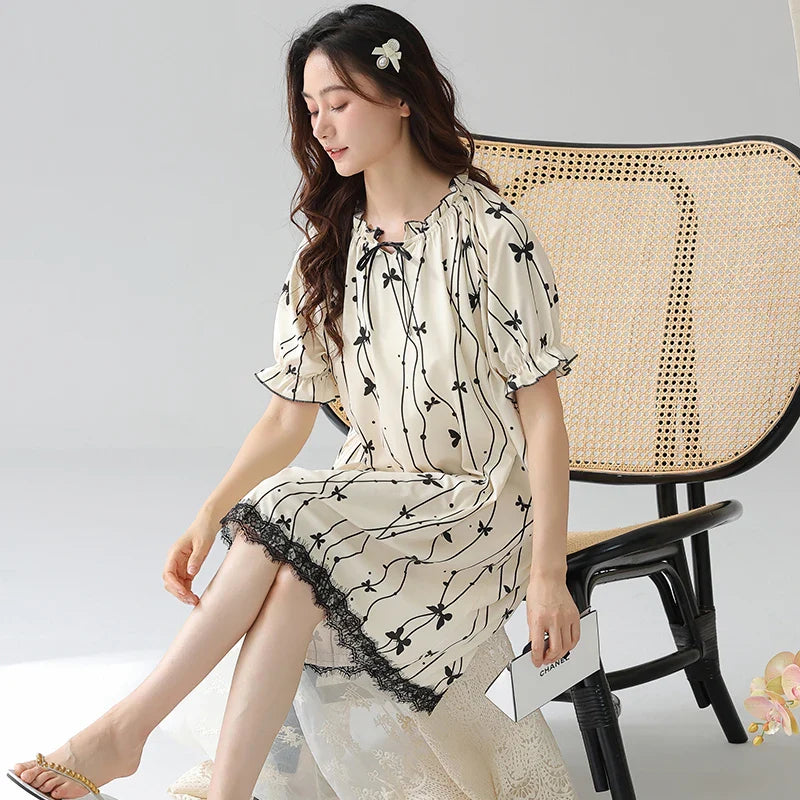 KTX-394707 2024 Summer Cotton Girls Nightgowns Lady Pajamas Sets for Women Short-sleeved Nightdress