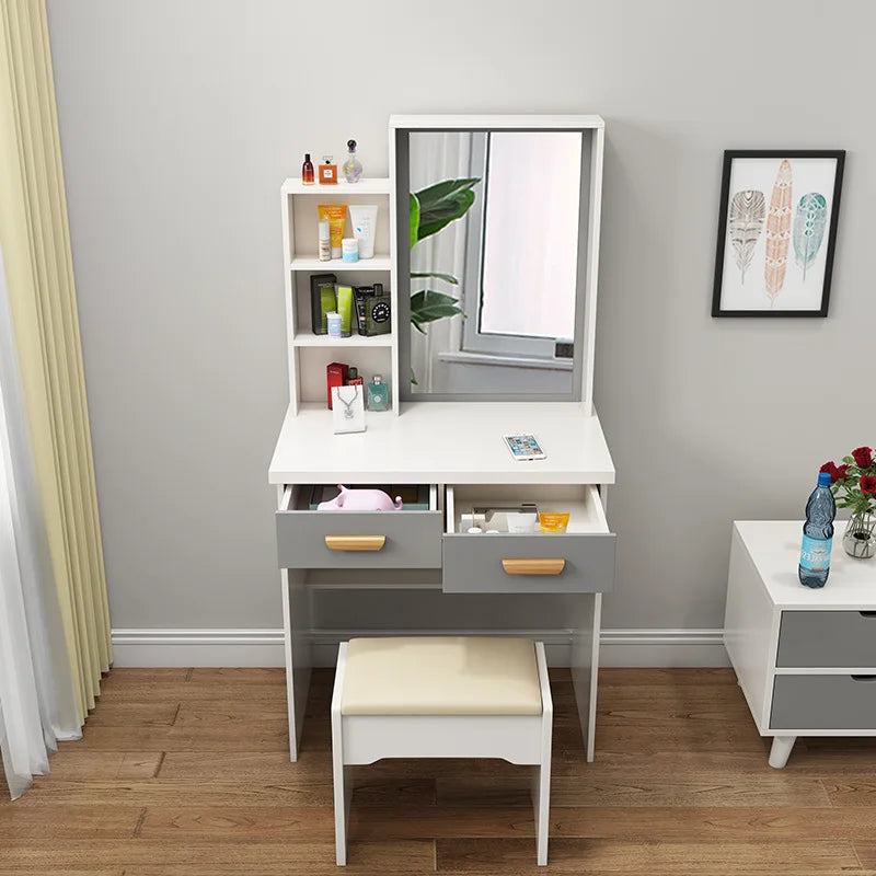 KTX-432403 Wooden Makeup Desk Vanity Set with Cushioned Stool and Round Mirror