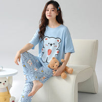 HKM-067027 New Thin Pajamas Casual Loose Short-sleeved Trousers Suit Summer Outerwear Cotton Home Service
