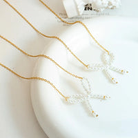 HKM-297555 Personality Trend Imitation Pearl Bow Necklace Stainless Steel 18K Gold Link Chain butterfly Necklace for Women