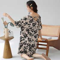HKM-361939 Nightgown for Women Loose Sleepwear V Neck Pajama Dress Soft Nightshirt Short Sleeves Nightdress Print High-end Dresses