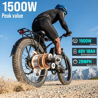 HKM-0081363 750W 48V 18Ah Up to 28 Miles 26-Inch Fat Tires Disc Brakes 7-Speed Removable Battery All-Terrain Tire E-Bike for