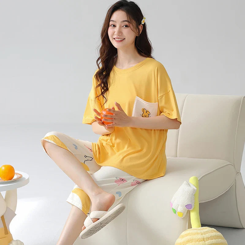 HKM-772115 Cartoon Women Pajamas Set Cotton Soft Sleepwear Pjs Short Sleeve Nightwear With Seven-point Pants