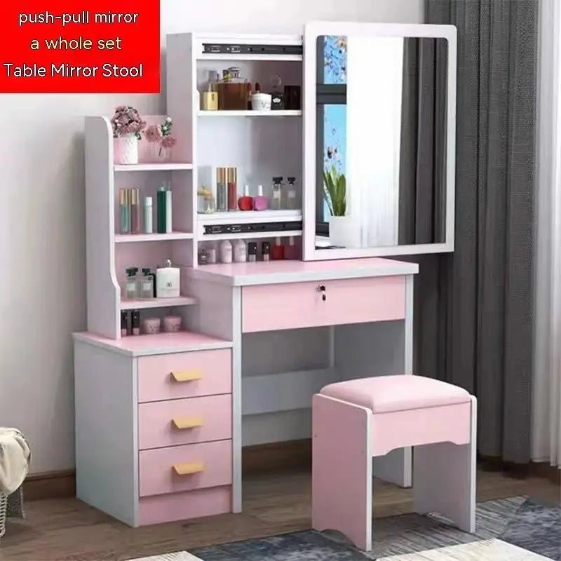 KTX-530707 Elegant Makeup Vanity Table with Mirror and Drawers, Complete with Stool for Bedroom