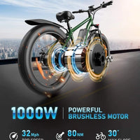 US Warehouse Stock 1000W 26'' Fat Tire E-bike, 48V 7 Speed Electric Bicycle with Front Suspension, Ready to Ship