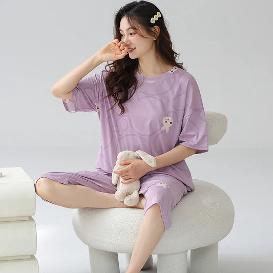 KTX-542739 Short Sleeve Seven-point Pants Women's Sleepwear Summer Pajamas for Women Set Lovely Style Casual Night Wear