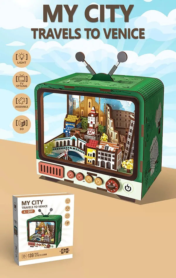 KTX-494291 Wooden 3D TV Set Building Puzzle Miniature Dollhouse DIY Kit for Creative Play