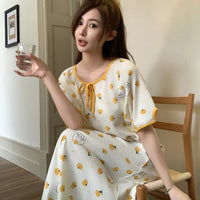 HKM-230867 Round Neck Cartoon Print Cute Home Dress Korean Style Nightdress Summer Lie Fallow Short Sleeves Cotton Women's Pajamas