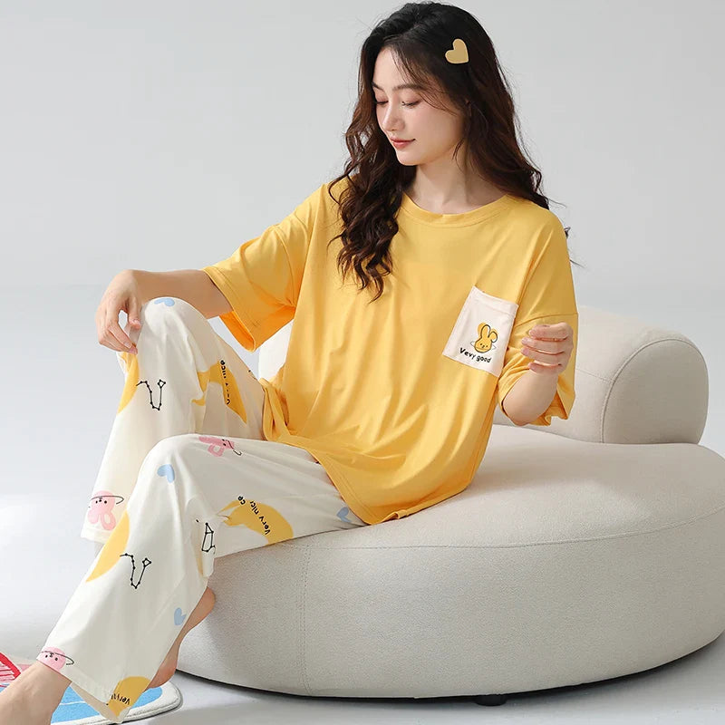 HKM-968723 New Pajama Suit Women's Summer Trousers Round Neck Knitted Cotton Student Youth Comfortable Home Clothes Breathable Short Sleeve