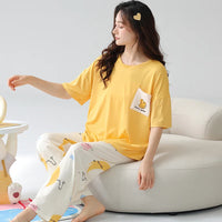HKM-968723 New Pajama Suit Women's Summer Trousers Round Neck Knitted Cotton Student Youth Comfortable Home Clothes Breathable Short Sleeve