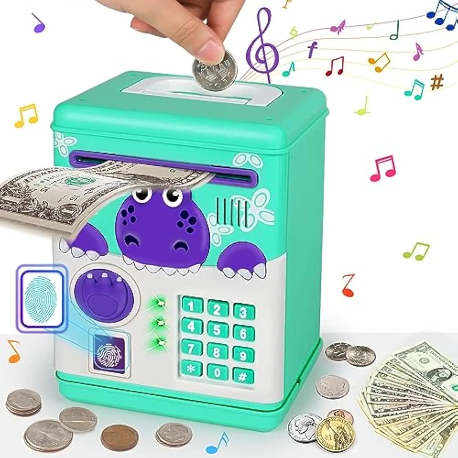 KTX-719059 Dinosaur Mini ATM Piggy Bank for Kids – Fun Plastic Saving Toy with Sound Feature
