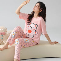 HKM-034259 Cartoon Ladies Night Wear Suits Sleep Wear Two-piece Cotton Comfortable Women Short Sleeved Trousers Pajamas Sets