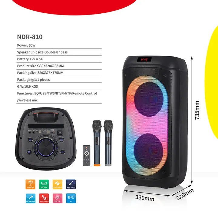 KTX-759059 Portable Dual 8 Inch Party Speaker with Powerful Bass and Wireless Functionality