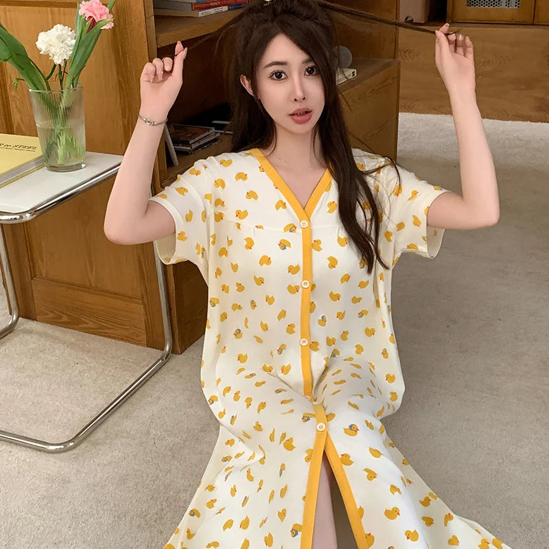 KTX-198099 Mid-length Fashion Nightdress Summer New Cotton Nightgown Cartoon Round Neck Short Sleeves Loose Loungewear Dress