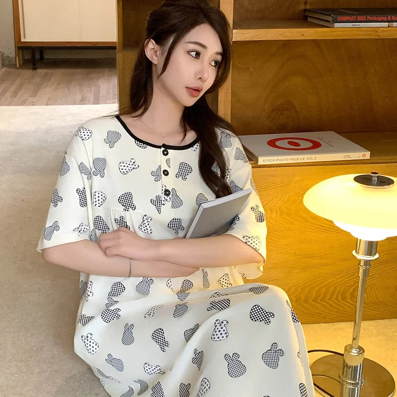 KTX-198099 Mid-length Fashion Nightdress Summer New Cotton Nightgown Cartoon Round Neck Short Sleeves Loose Loungewear Dress