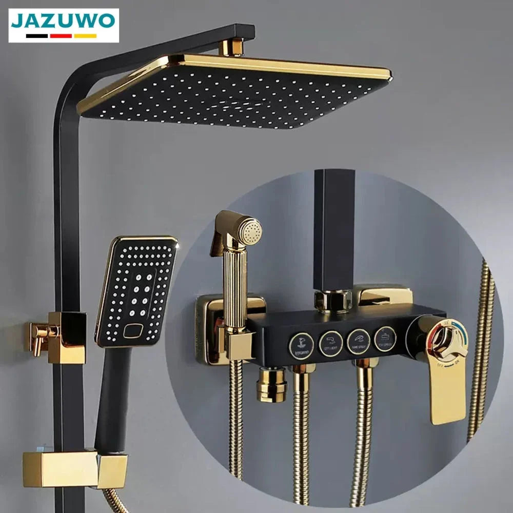 KTX-015635 Modern Black Gold Brass Square Shower System and Bathtub Mixer Faucet with Ceramic Finish