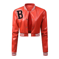 HKM-110995 Women's High-Waisted Cardigan Leather Jacket Slim Fit Baseball Style Custom Logo Embroidery Decoration Sporty Motorcycle Suit