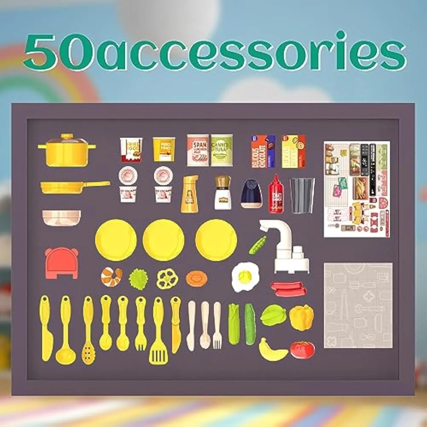 KTX-358611 Kids Kitchen Play Set - 50PCS Cooking Toys with Sounds, Lights, and Spray for Ages 2 to 13