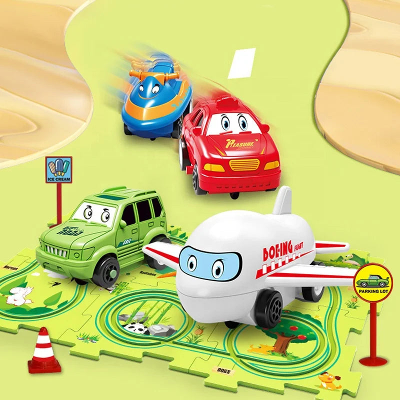 KTX-537875 DIY Electric Rail Car Puzzle Track Building Set for Kids - STEM Activity with 4 Themed Maze Plates