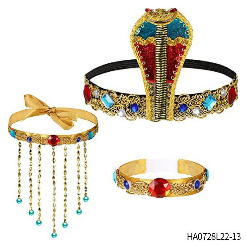 HKM-699859 Pharaoh-Inspired Sequined Headband with Snake Design - Free Size Metal Hair Accessory