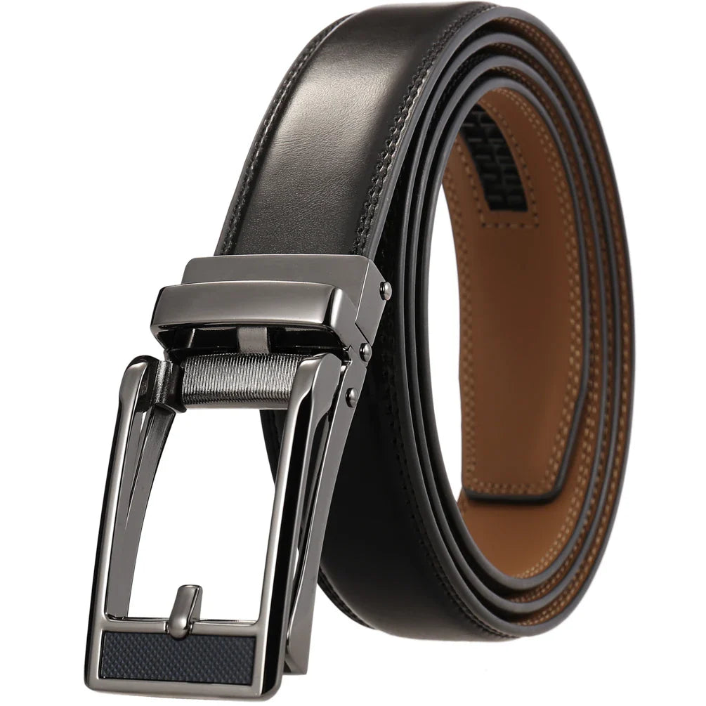 HKM-543059 Men's Leather Belt with Reverse Pull Buckle, Model LY33-23432-1