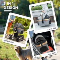 HKM-681491 3-in-1 Lightweight Dog Stroller with Detachable Cabin for Small Dogs, Gray, Adjustable Canopy and Storage Features