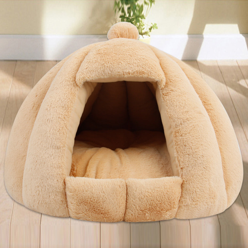 HKM-905939 Plush Velvet Yurt Nest for Cats and Dogs - Thickened Rabbit and Pull Plush, Orange, Yellow, Grey