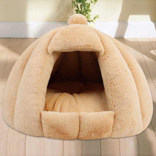 HKM-905939 Plush Velvet Yurt Nest for Cats and Dogs - Thickened Rabbit and Pull Plush, Orange, Yellow, Grey