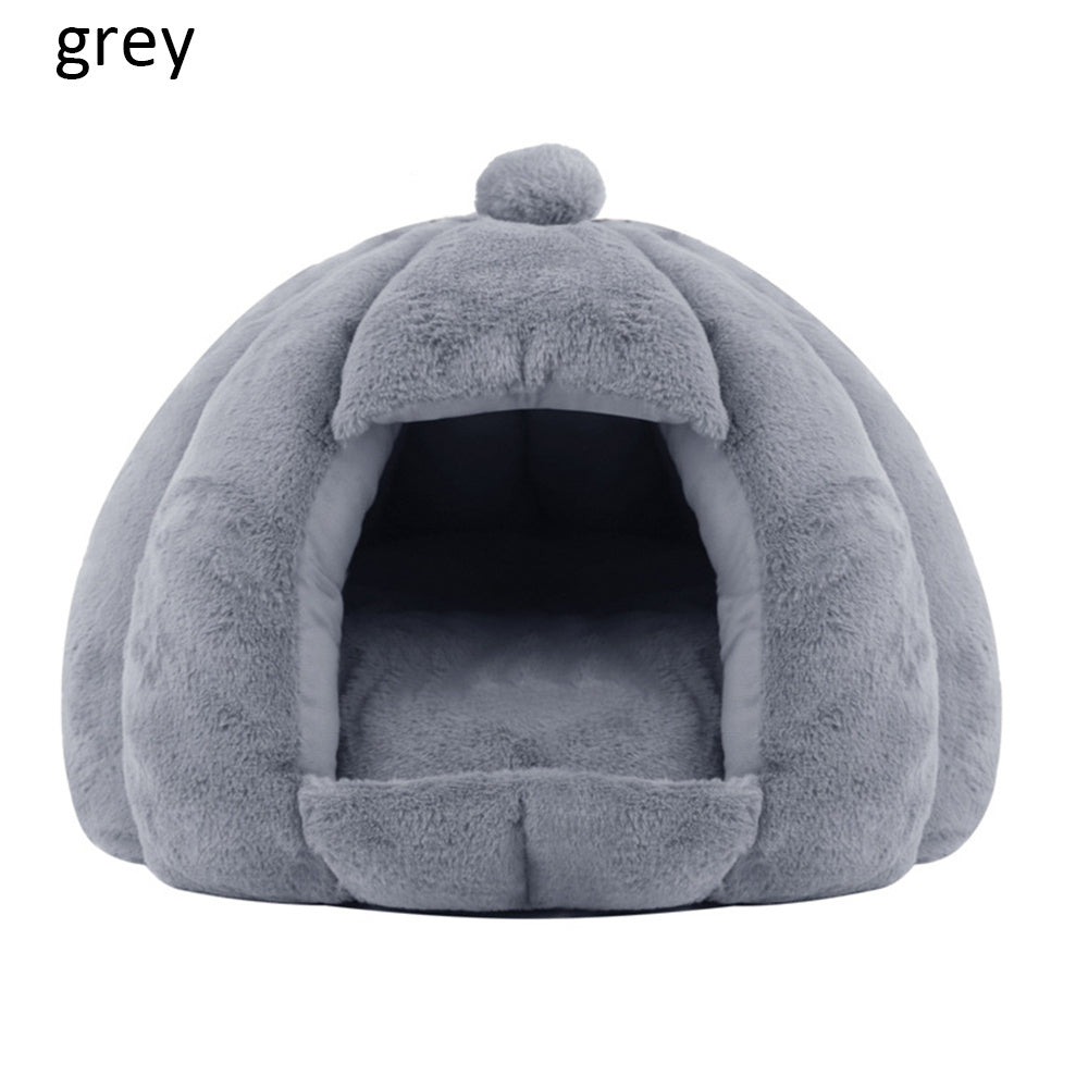 HKM-905939 Plush Velvet Yurt Nest for Cats and Dogs - Thickened Rabbit and Pull Plush, Orange, Yellow, Grey