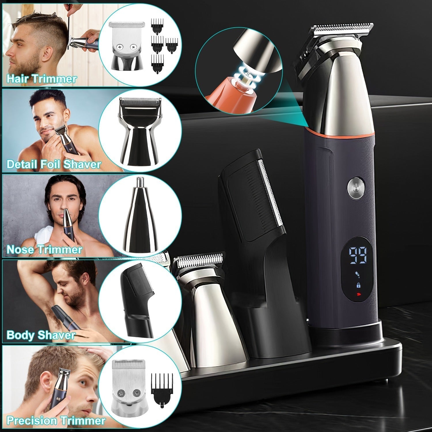 HKM-248851 5-in-1 Waterproof Beard Trimmer for Men with Rechargeable Battery and LED Display, Cordless Grooming Kit