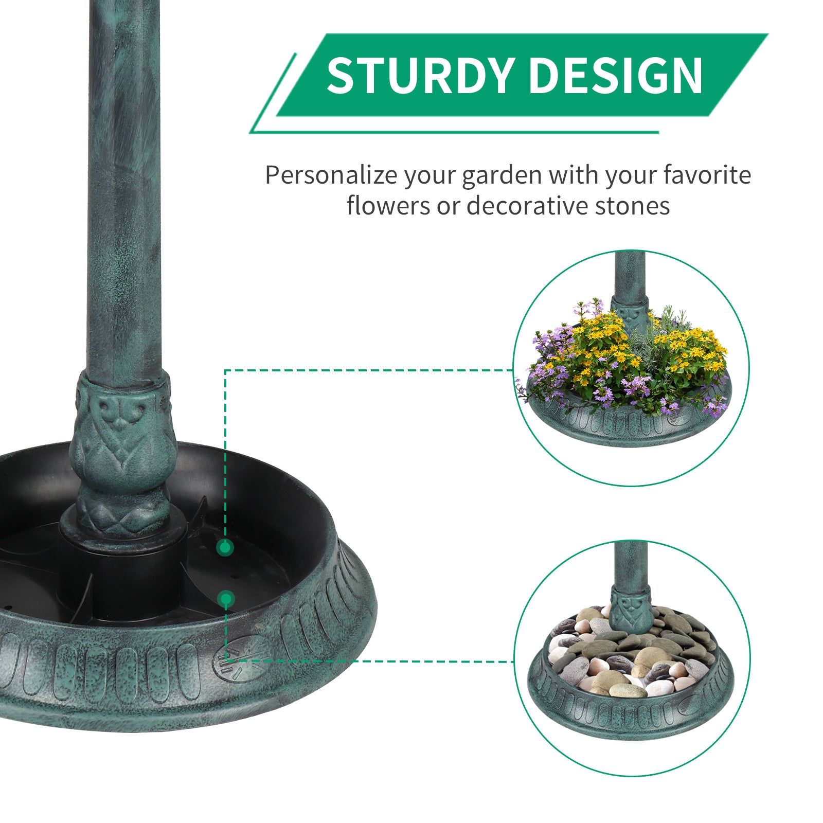 HKM-102867 Dark Green Plastic Round Bird Bath with Solar Light and Durable Design
