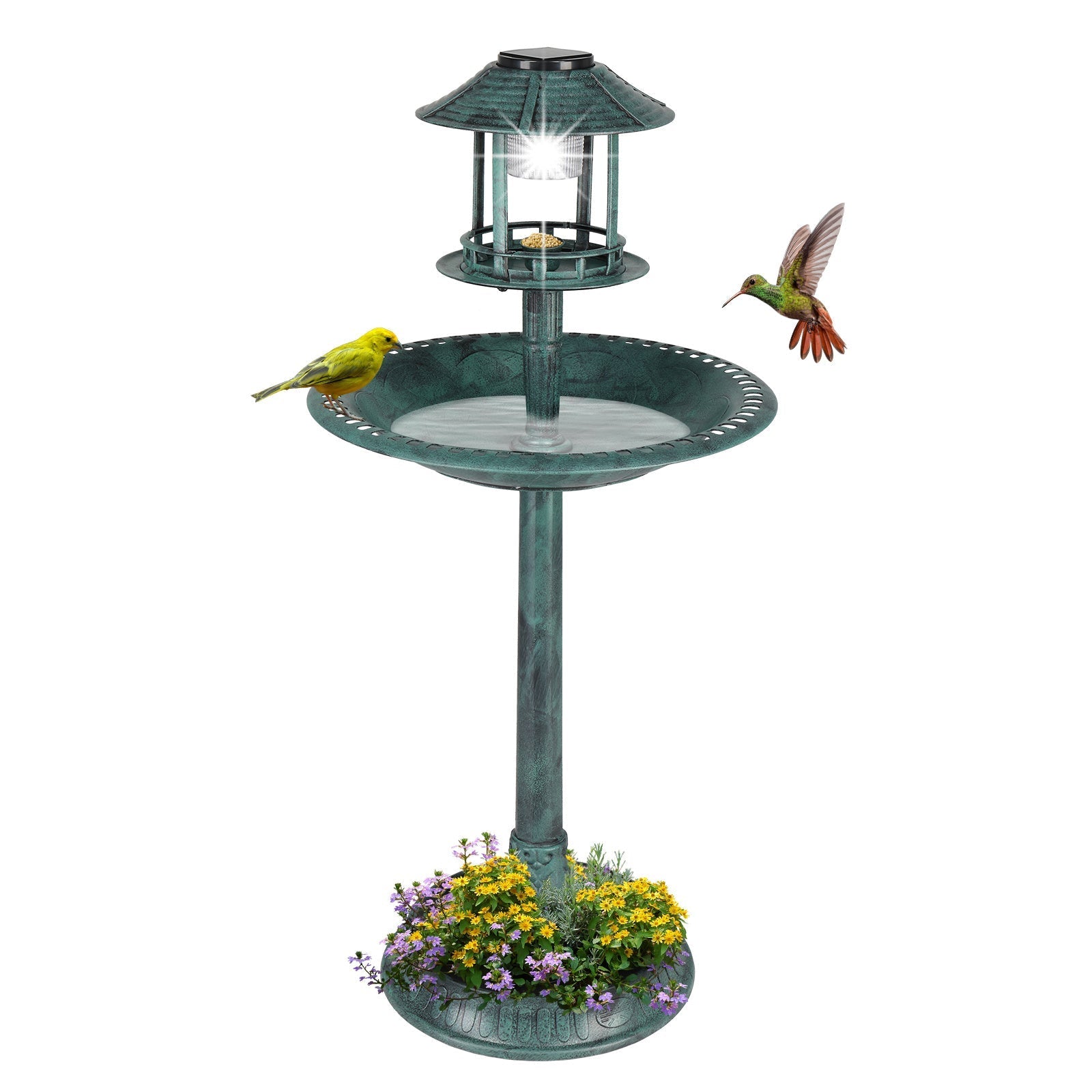 HKM-102867 Dark Green Plastic Round Bird Bath with Solar Light and Durable Design
